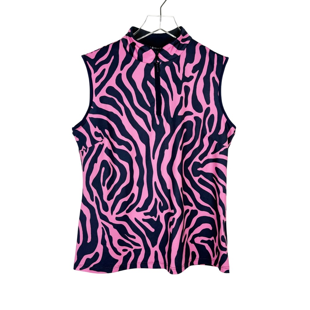 Melly M Delray Sleeveless Front Zip Navy Pink Golf Shirt Top Medium